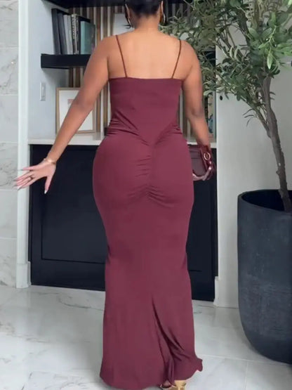 Burgundy Ruched Sleeveless Dress - laseze