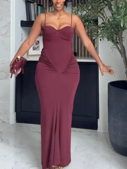 Burgundy Ruched Sleeveless Dress - laseze