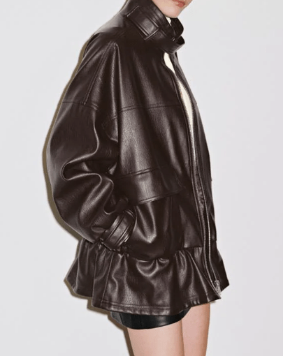 Burgundy Stand Collar Leather Jacket - laseze