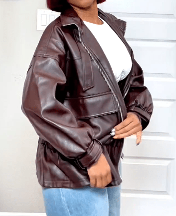 Burgundy Stand Collar Leather Jacket - laseze