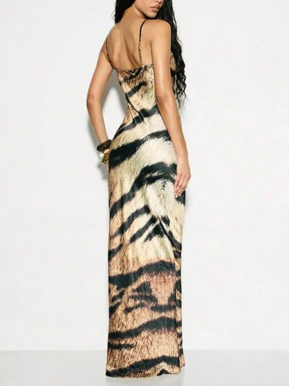 Fierce Elegance | Tiger Print Satin Maxi Slip Dress