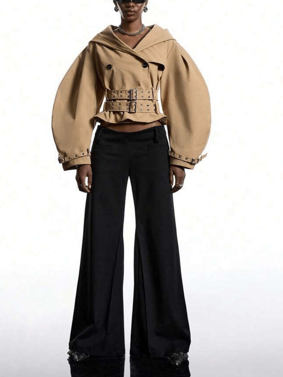Camel Puff-Sleeve Trench Jacket With Double Buckle Belt laseze