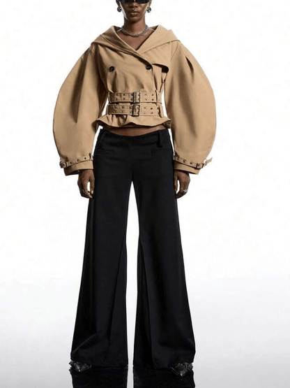 Camel Puff-Sleeve Trench Jacket With Double Buckle Belt laseze