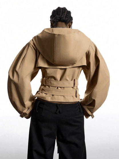 Camel Puff-Sleeve Trench Jacket With Double Buckle Belt laseze