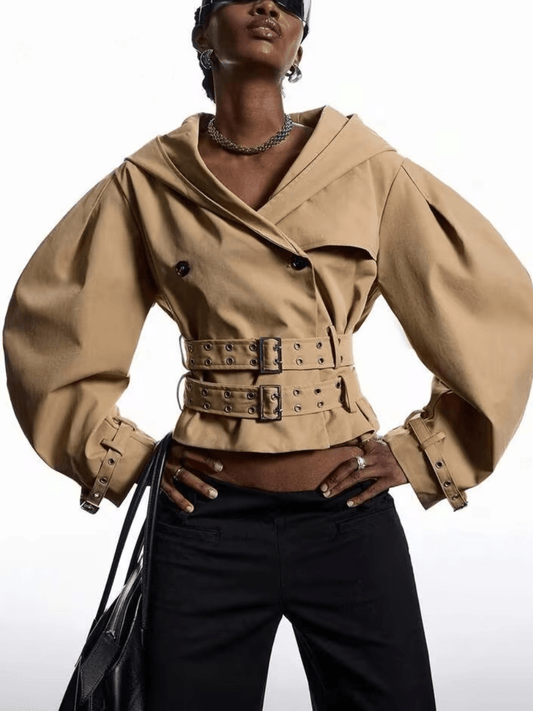 Camel Puff-Sleeve Trench Jacket With Double Buckle Belt laseze