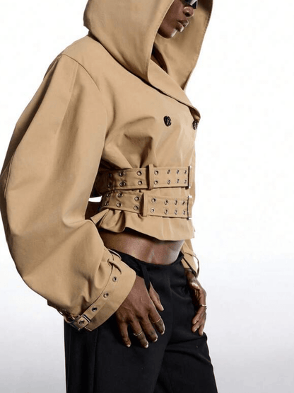 Camel Puff-Sleeve Trench Jacket With Double Buckle Belt laseze
