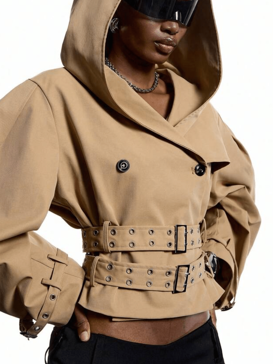 Camel Puff-Sleeve Trench Jacket With Double Buckle Belt laseze