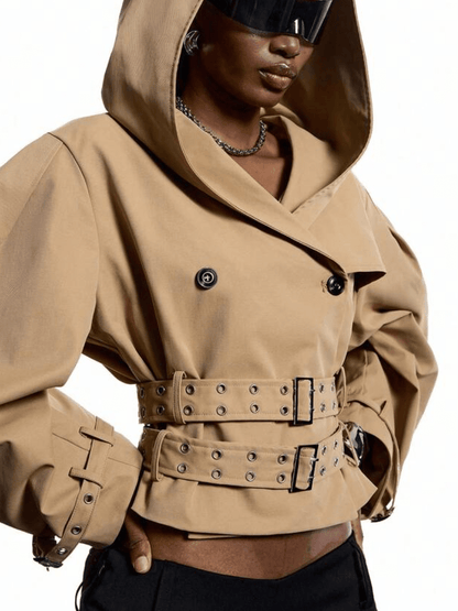 Camel Puff-Sleeve Trench Jacket With Double Buckle Belt laseze