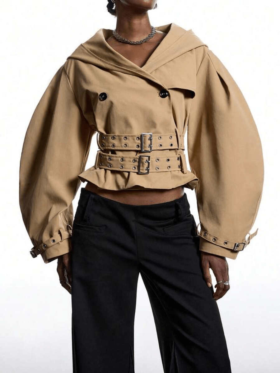 Camel Puff-Sleeve Trench Jacket With Double Buckle Belt laseze