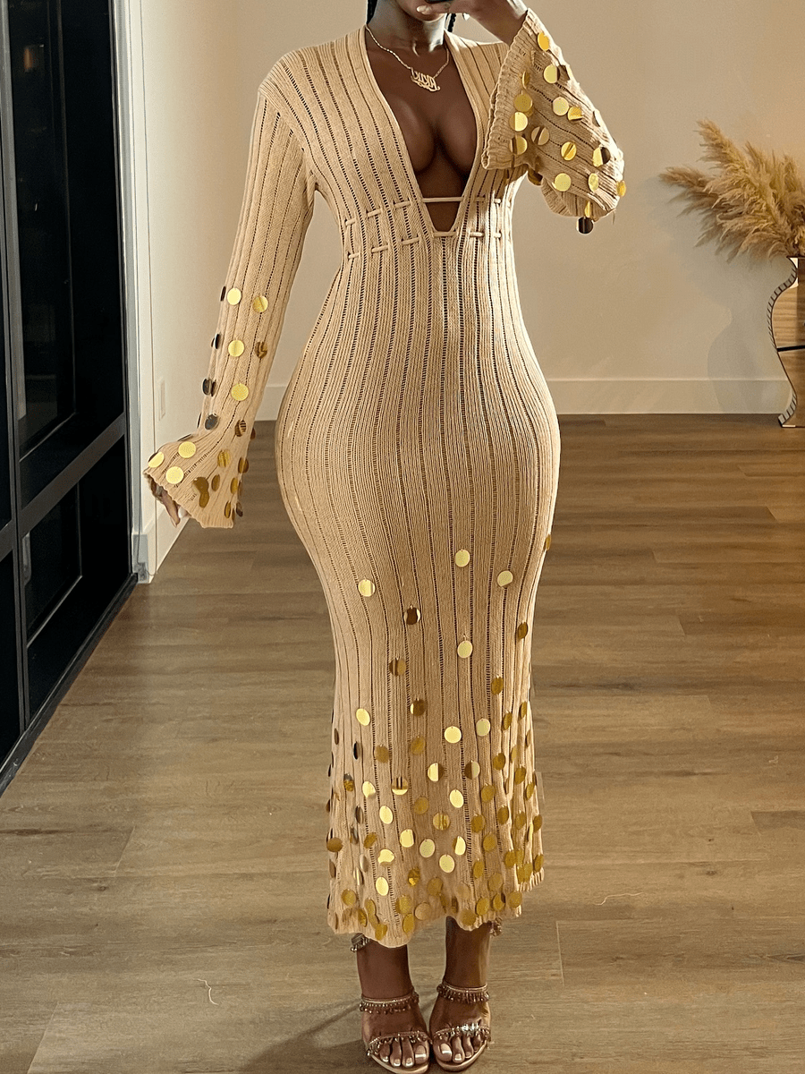 Camel Sequin Slim Dress - laseze