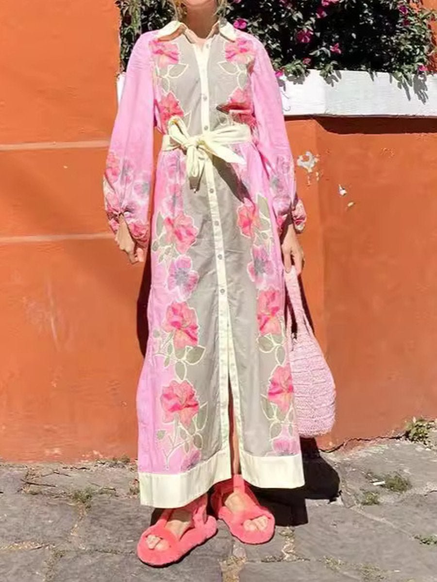 Casual Floral Print Lace Up Maxi Dress speciaic