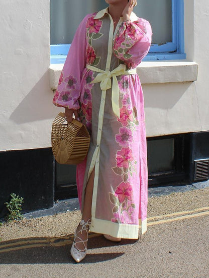 Casual Floral Print Lace Up Maxi Dress speciaic