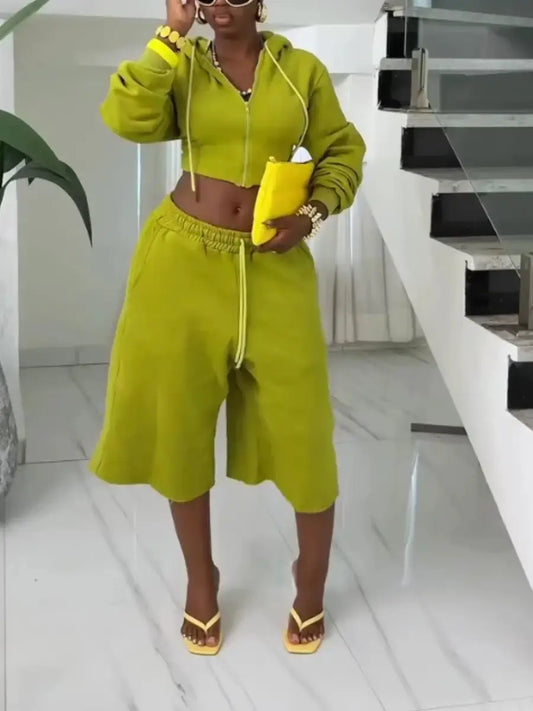 Casual Lime Green Cropped Zip - Up Hoodie & Wide Leg Shorts Set - laseze