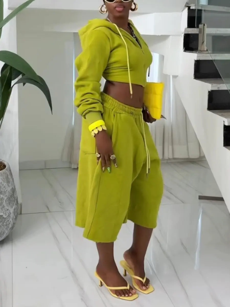 Casual Lime Green Cropped Zip - Up Hoodie & Wide Leg Shorts Set - laseze