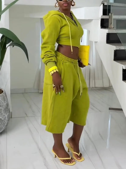 Casual Lime Green Cropped Zip - Up Hoodie & Wide Leg Shorts Set - laseze