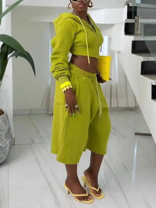 Casual Lime Green Cropped Zip - Up Hoodie & Wide Leg Shorts Set - laseze