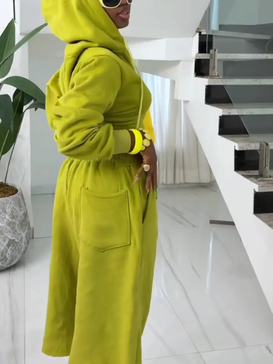 Casual Lime Green Cropped Zip - Up Hoodie & Wide Leg Shorts Set - laseze