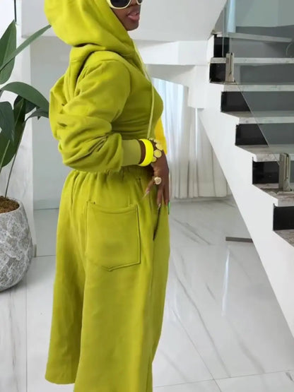Casual Lime Green Cropped Zip - Up Hoodie & Wide Leg Shorts Set - laseze