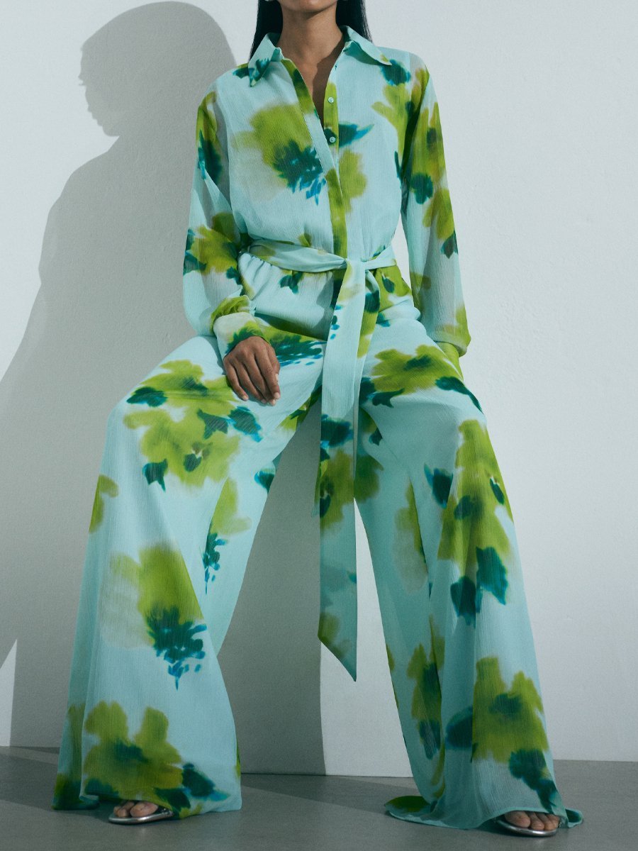 Casual Printed Long Sleeve Belt Jumpsuit speciaic