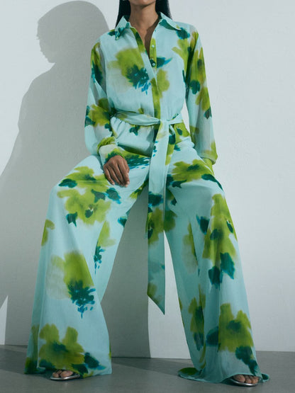 Casual Printed Long Sleeve Belt Jumpsuit speciaic