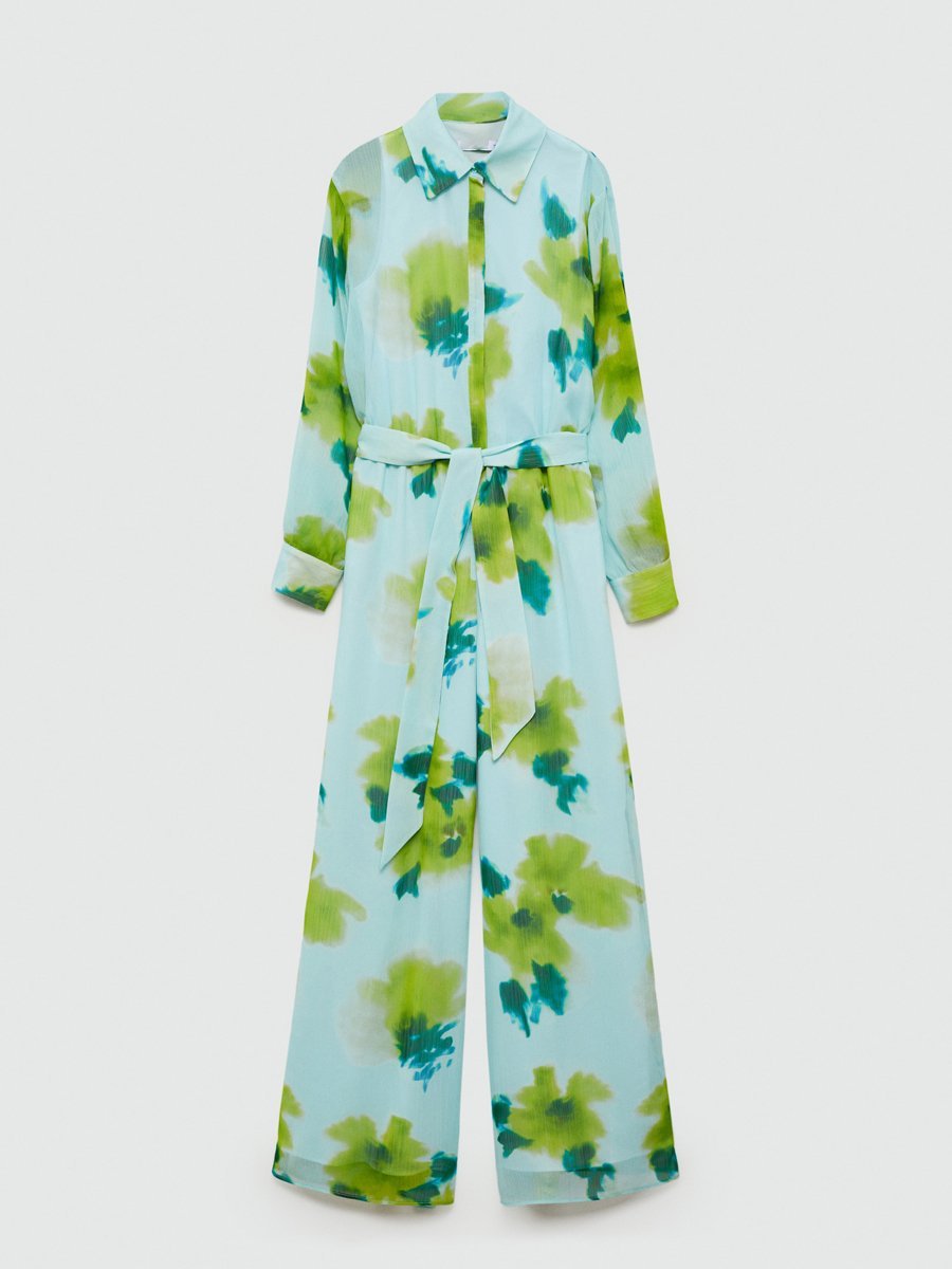 Casual Printed Long Sleeve Belt Jumpsuit speciaic