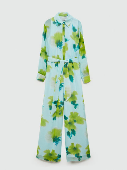 Casual Printed Long Sleeve Belt Jumpsuit speciaic