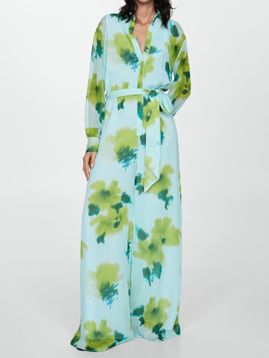 Casual Printed Long Sleeve Belt Jumpsuit speciaic