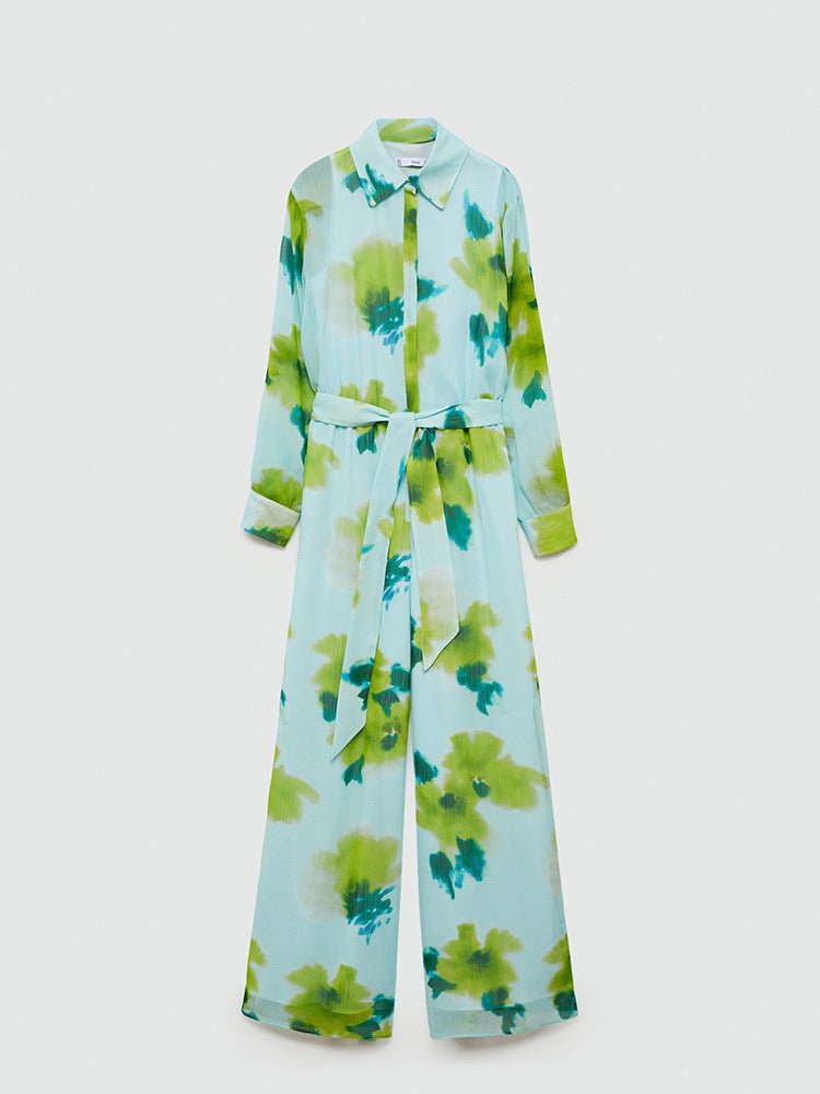 Casual Printed Long Sleeve Belt Jumpsuit speciaic