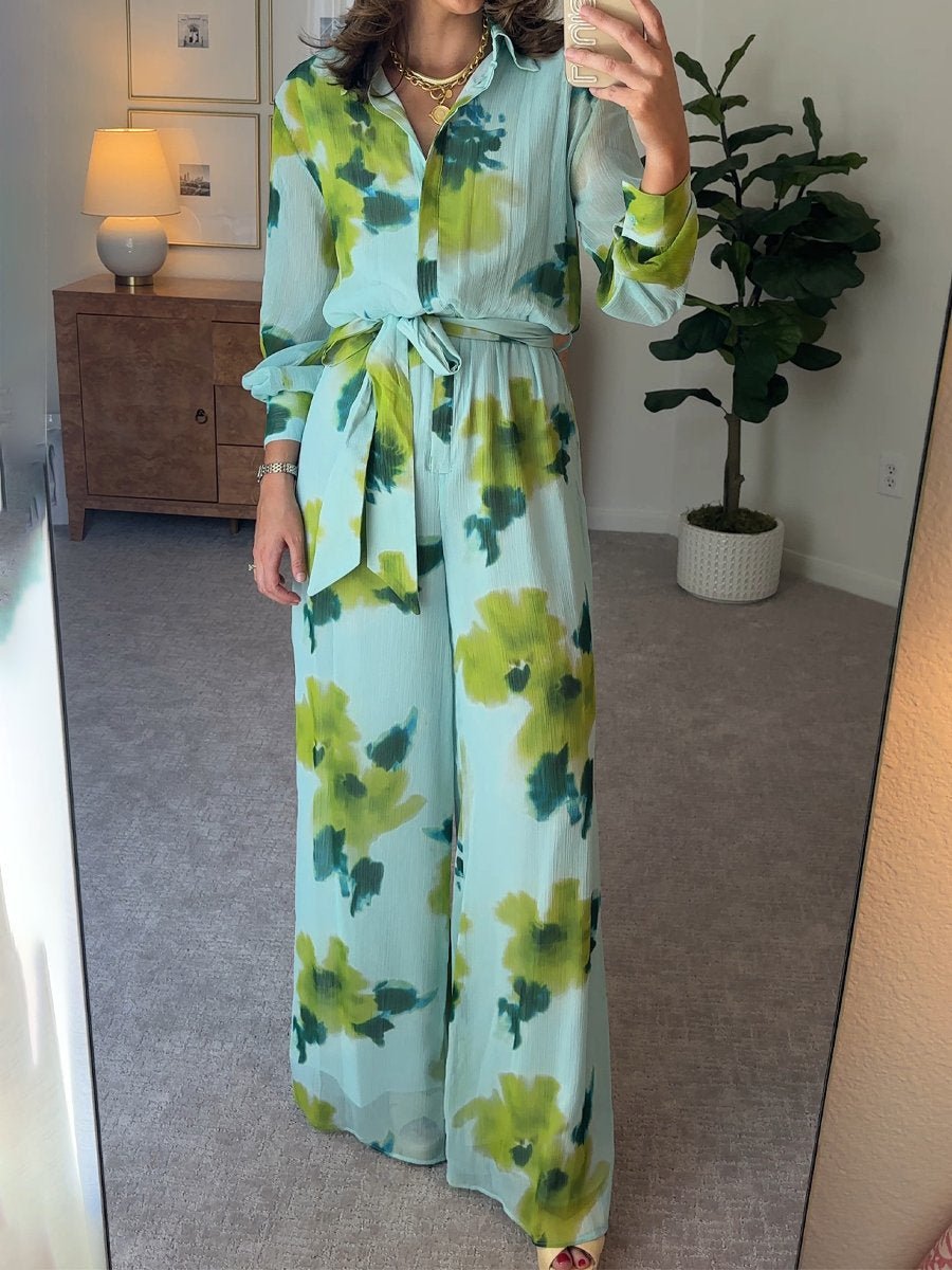 Casual Printed Long Sleeve Belt Jumpsuit speciaic