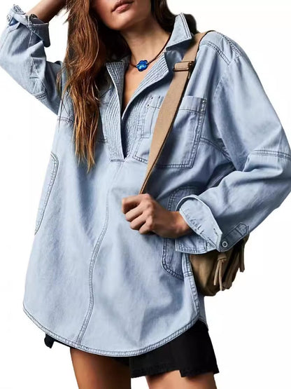 Casual V-Neck Denim Coat speciaic