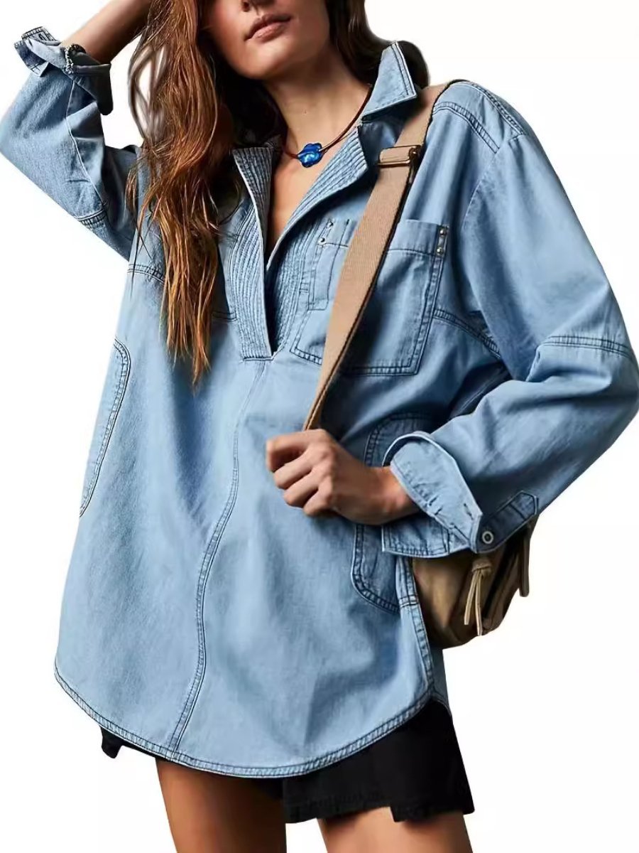 Casual V-Neck Denim Coat speciaic
