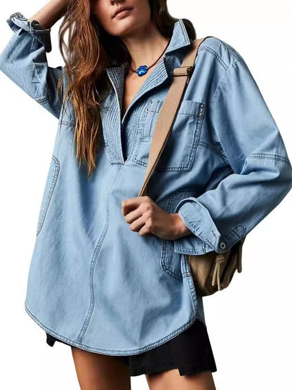 Casual V-Neck Denim Coat speciaic
