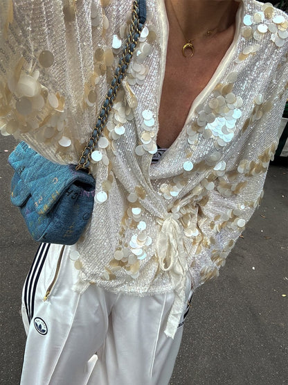 Casual V Neck Sequin Loose Jacket Kimono speciaic