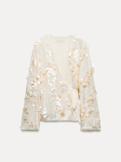 Casual V Neck Sequin Loose Jacket Kimono speciaic