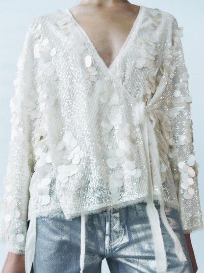 Casual V Neck Sequin Loose Jacket Kimono speciaic