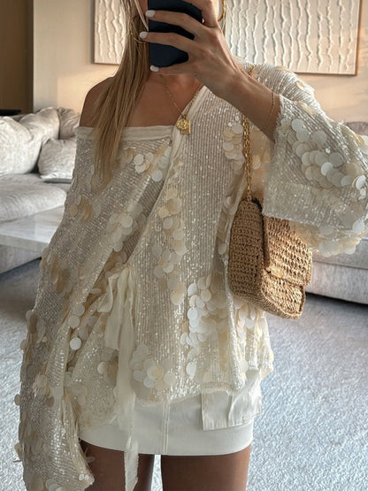Casual V Neck Sequin Loose Jacket Kimono speciaic