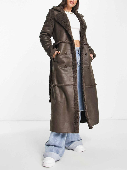Chocolate Brown Faux Suede Longline Belted Coat voguety