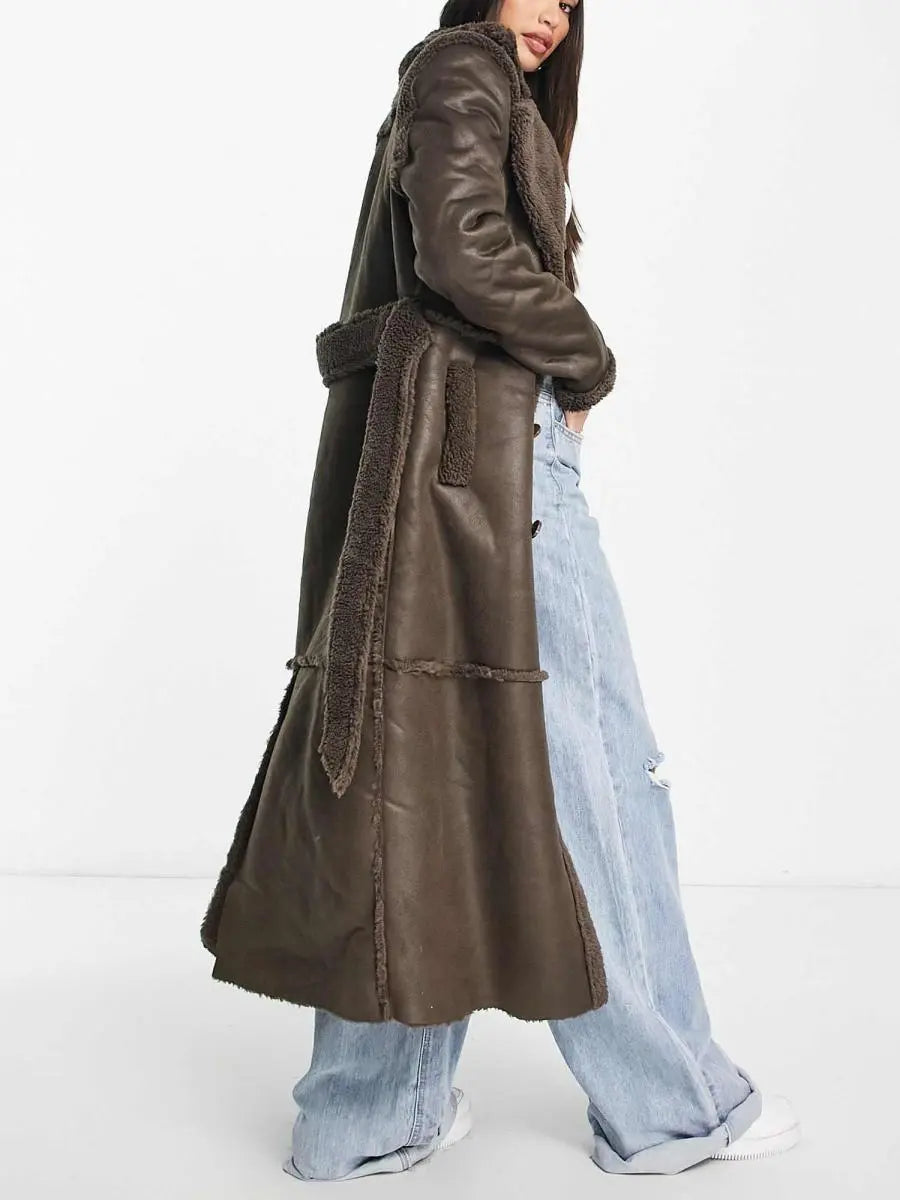 Chocolate Brown Faux Suede Longline Belted Coat voguety