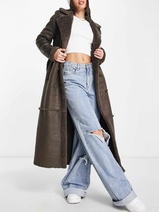 Chocolate Brown Faux Suede Longline Belted Coat voguety