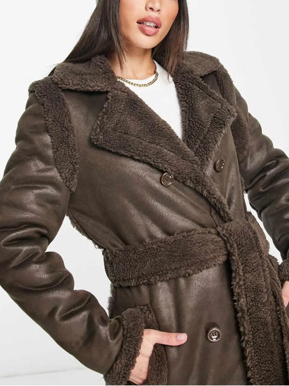 Chocolate Brown Faux Suede Longline Belted Coat voguety