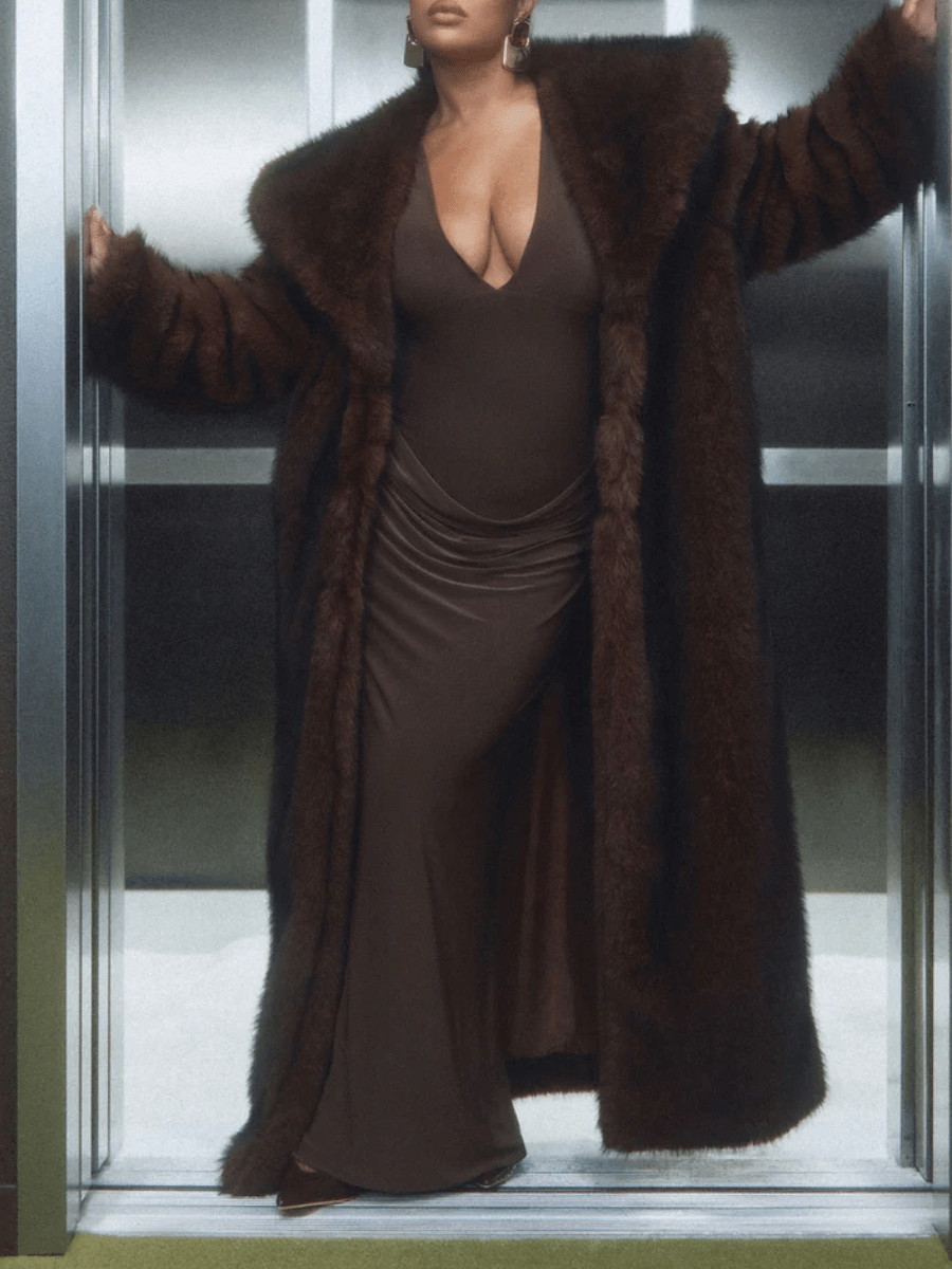 Chocolate Brown Oversized Collar Maxi Faux Fur Coat laseze