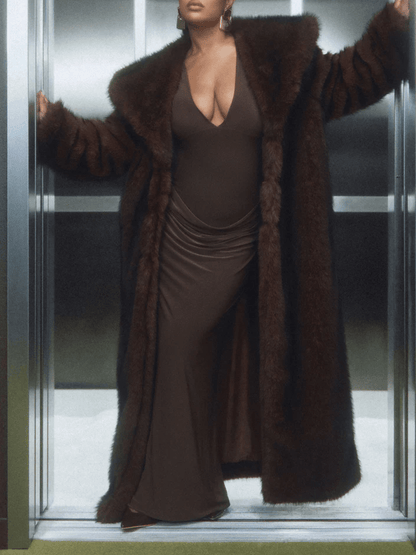 Chocolate Brown Oversized Collar Maxi Faux Fur Coat laseze
