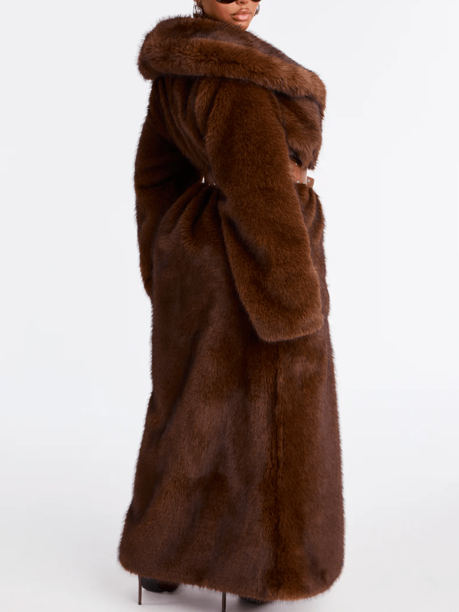 Chocolate Brown Oversized Collar Maxi Faux Fur Coat laseze