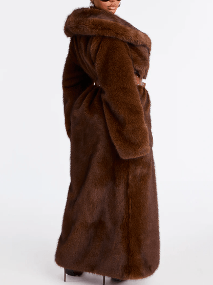Chocolate Brown Oversized Collar Maxi Faux Fur Coat laseze