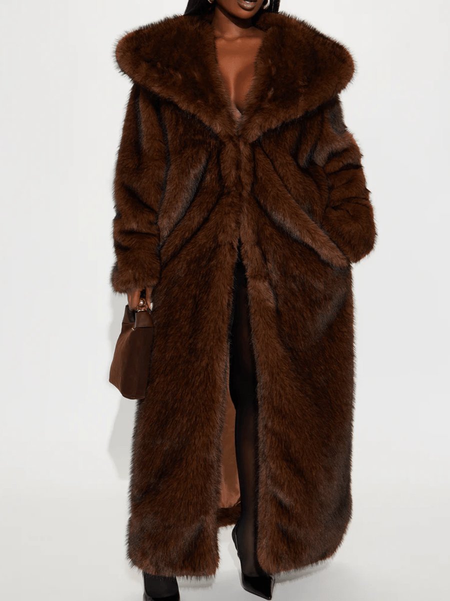 Chocolate Brown Oversized Collar Maxi Faux Fur Coat laseze