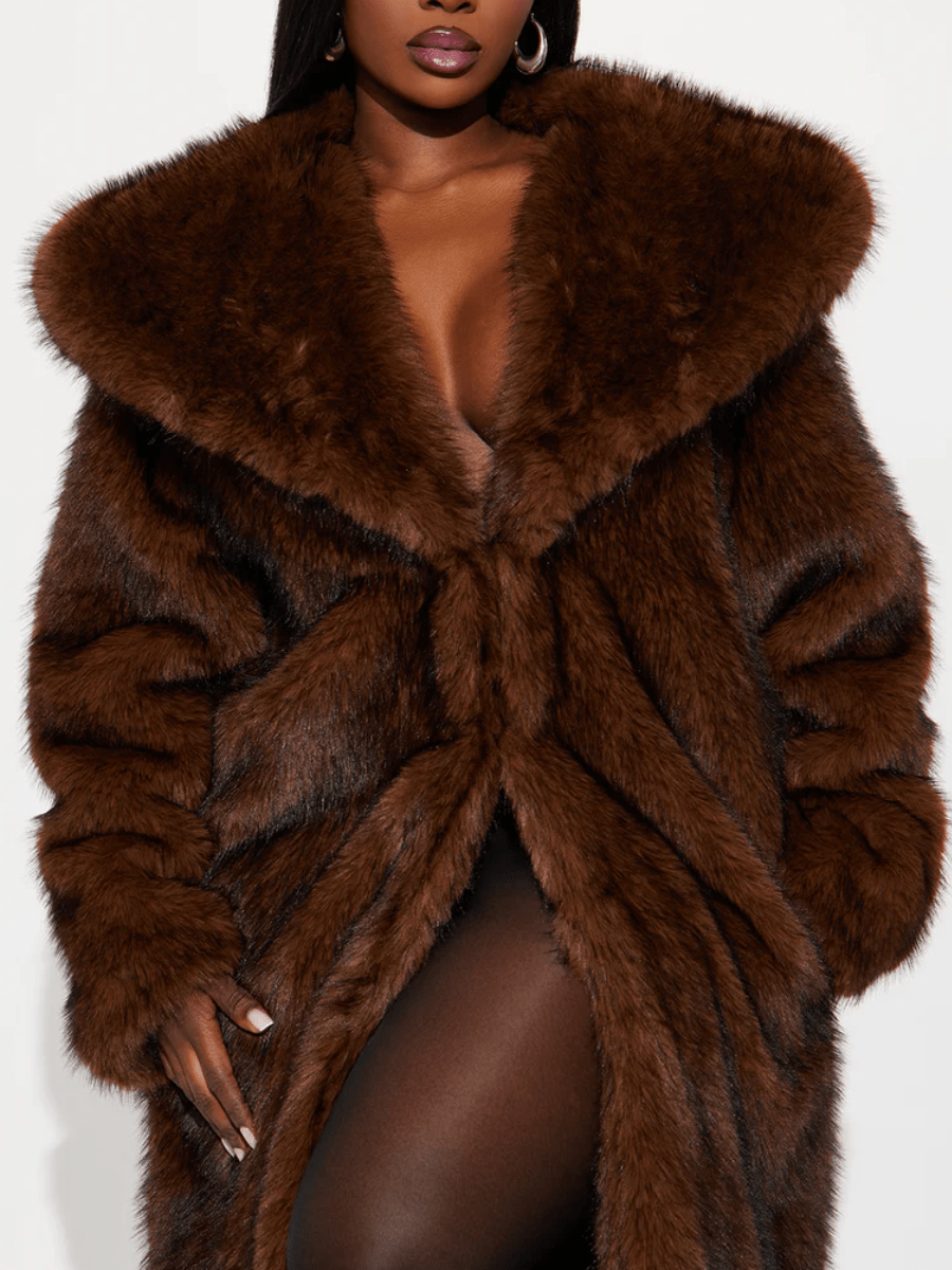 Chocolate Brown Oversized Collar Maxi Faux Fur Coat laseze