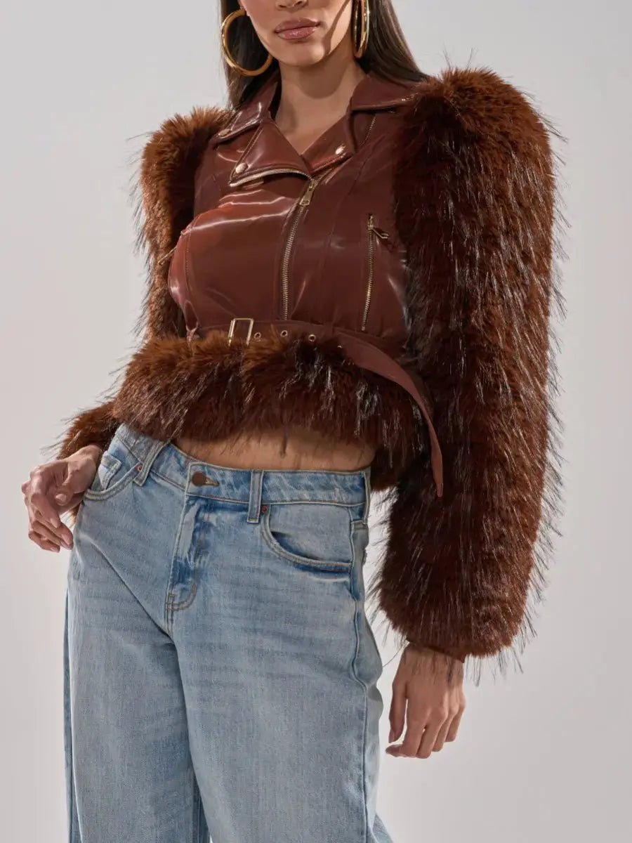 Chocolate Faux Leather & Faux Fur Status - laseze