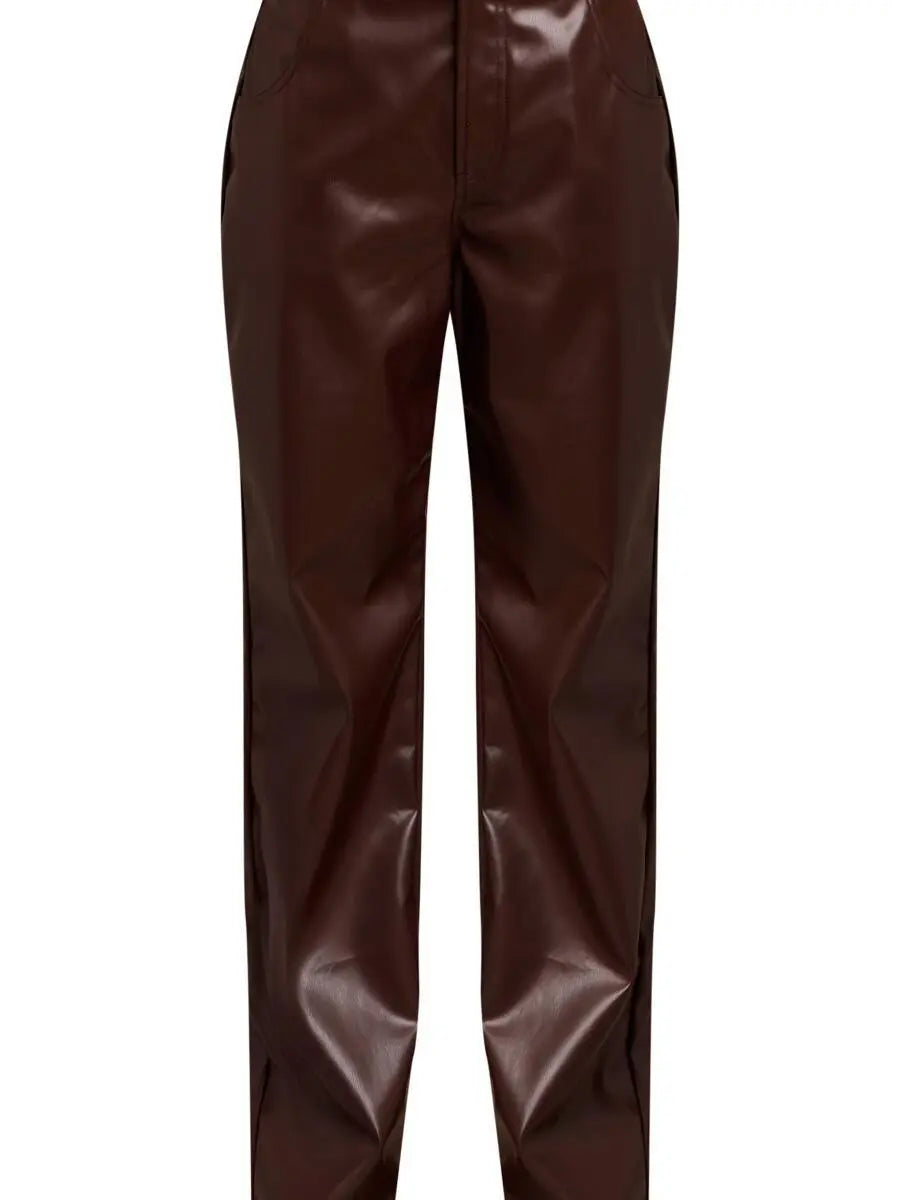 Chocolate Faux Leather Straight Leg Pants laseze