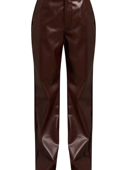 Chocolate Faux Leather Straight Leg Pants laseze