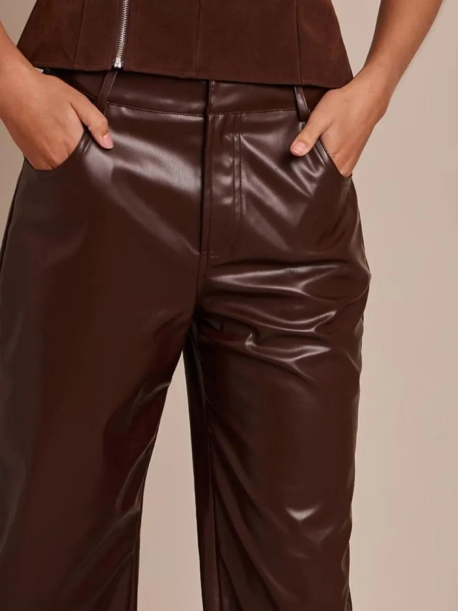 Chocolate Faux Leather Straight Leg Pants laseze